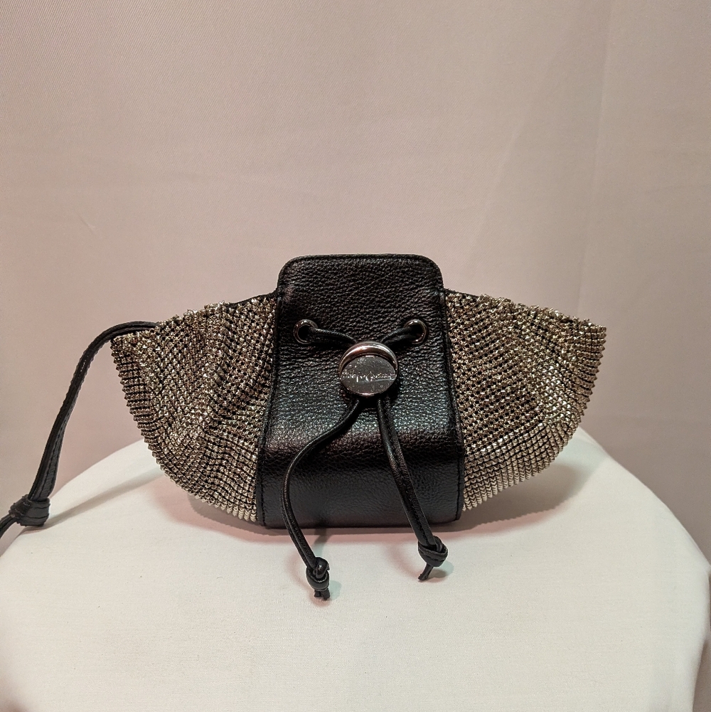 Small Black Leather and Silver Mesh Drawstring Wristlet